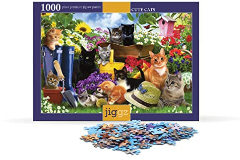 1000pc Jiggz Cute Cats Premium Jigsaw Puzzle - Every Piece is Unique - Challenging Adult Family Fun Game - Kitten, Flowers, Country Garden