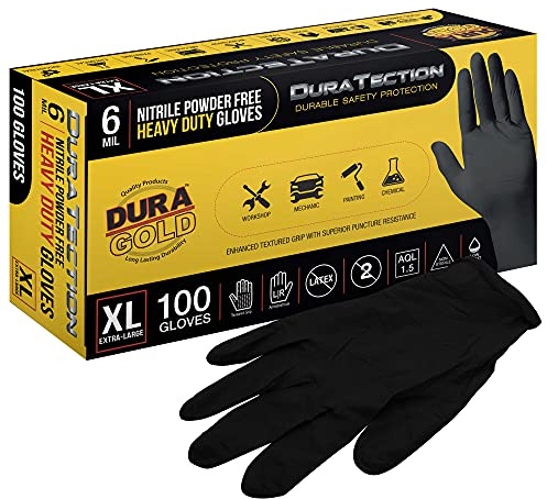 Dura-Gold HD Schwarze Nitril-Einweghandschuhe, 100 Stück, Größe XL, 6 mm – latexfrei, puderfrei, strukturierter Griff
