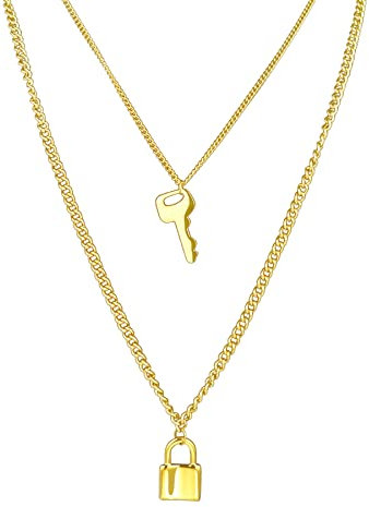 JewelryWe Schmuck Halskette Herren Damen Edelstahl Schloss Schlüssel Anhänger mit Gravur 2-lagig Layer Kette Choker für Männer Frauen Gold