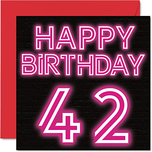 Lustige Karte zum 42. Geburtstag für Männer und Frau – Neon Glow – Happy Birthday Karte für Vater, Mutter, Bruder, Schwester, Opa, Oma, Onkel, Tante, 145 mm x 145 mm Grußkarten, 42. Geburtstagskarte