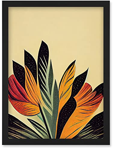 Wee Blue Coo Abstract Retro Art Nouveau Flowers in Bloom Black Gold Artwork Framed Wall Art Print A4