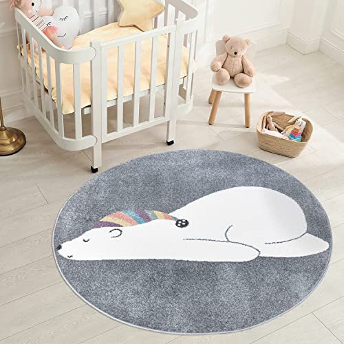 carpet city Teppich Kinderzimmer Tier-Motiv - Grau - 160 cm Rund - Kinderteppich Kurzflor Bär mit Schlafmütze - Weicher Flor
