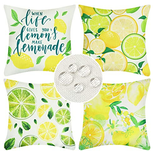 Velvhom Zierkissenbezüge Garten Terrasse Dekorative Leinen Kissenbezüge Outdoor wasserdichte Kissenhülle Sommer Zitrone Frucht mit Blätter 40x40cm für Sofa Schlafzimmer Wohnzimmer Auto 4er Set