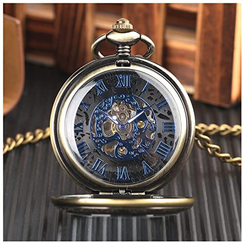 BoNene Taschenuhr Mystisches schwarzes Zifferblatt Mechanische Taschenuhr Transparent Jäger Blau Römische Ziffern Display Handwicklung Taschenuhr for Männer Taschenuhr Handaufzug
