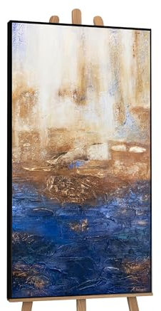 YS-Art Abstrakt Acryl Gemälde auf Leinwand Marine II handgemalt Wandbilder Wohnzimmer modern Wohndekor Bilder Büro blau gold Vertikal echte Kunst mit Rahmen 160x80 cm