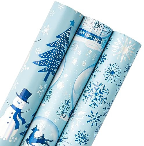 Holijolly Blaues Weihnachtspapier - Mini-Rolle mit Metallic-Folie - Schneemann/Kristallkugel/Schneeflocke für Geschenkverpackungen, DIY-Basteleien - 43,2cm×305cm - 3 Rollen (42,5 sq.ft.ttl.)