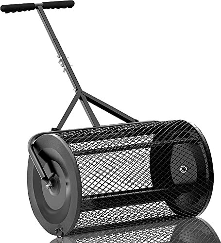 Rasen- und Gartenstreuer, 24-Zoll-Hochleistungs-Rollen-Druck-/Schleppstreuer aus Metallgeflecht, Kompost, Torfmoos, Muttererde, Mulch – Garten- und Rasenpflege, Miststreuer für Rasen, Garten und Hof