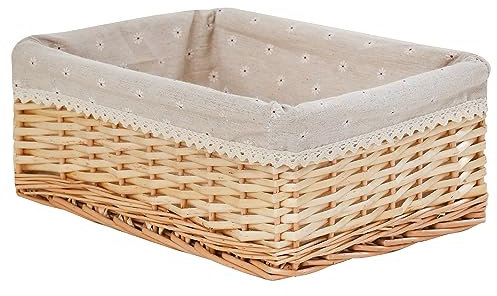 LONGERO Handgefertigter Regalkorb, handgewebter Weidenkorb, zur Aufbewahrung und Organisation, natürliche Weidenmaterialien mit Baumwollfutter, rechteckig, 1 Stück, Klein