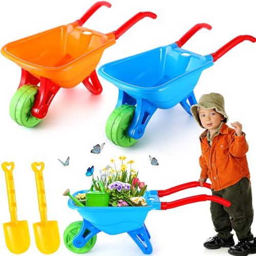 Motionchic 2 Set Kid Wheelbarrow Set, Kids Gardening Tool with Long Shovel Set, Pretend Play Indoor Outdoor Activities Gifts for Boys and Girls, Lightweight Plastic Wheelbarrow