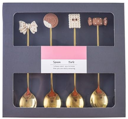 TOWINE Kaffeelöffel 4er-Pack Edelstahl-Dessertlöffel, süßer Cartoon-Keks-Eislöffel, umrührender Kaffeelöffel Rühren Bar Löffel Kaffeelöffel Eislöffel