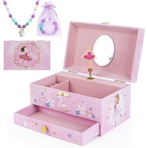 hombrima Musik Schmuck Box mit Schublade Halskette Armband, Musikalischer Schmuck Aufbewahrungskoffer mit Spinning Ballerina Geschenk Set für Kinder Mädchen Kinder Tochter