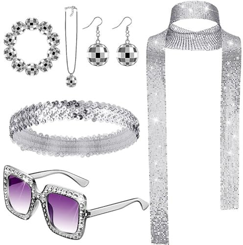 HAOYUNLAI 80er Jahre Accessoires Disco, 6 Stück Disco Accessoires 70er Silber, Disco-Kugel-Ohrringe Halskette Armband Glitzerndes Stirnband Pailletten Schal und Strass Sonnenbrille für Karneval