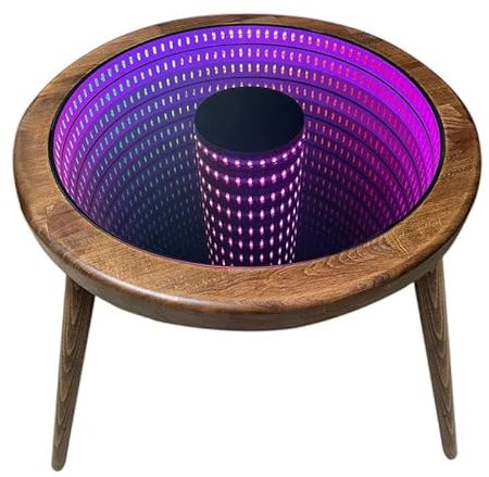 Kleiner runder Couchtisch, 53,3 cm, modernes Bauernhaus, Walnussholz, verspiegelter Couchtisch, 3D-Abyss, trendiger Couchtisch, Infinity-Licht, RGB-LED-Lichttisch, Musik-Synchronisation