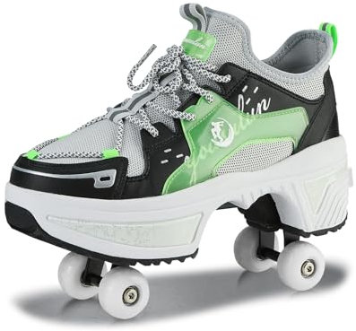Schuhe mit Rollen für Jungen Mädchen, Rollschuhe mit 4 Einziehbaren Rädern, 2-in-1 Rollschuhen und Sneakers, Roller Skate Shoes für Kinder Teenager (Grün, 35)