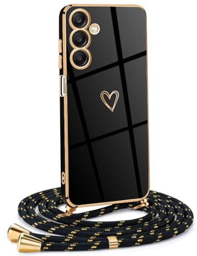 Frauen Mädchen Handykette Kompatibel mit Samsung Galaxy A55 5G - Silikon Hülle mit Band - Handyhülle für Samsung Galaxy A55 5G Herz Love Design Galvanik - in schwarzes Gold