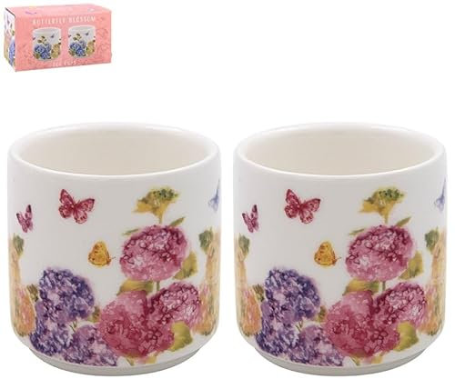 LESSER & PAVEY 2pc Ceramic Boiled Egg Cups Server Holder Fine China Butterfly Blossom Floral