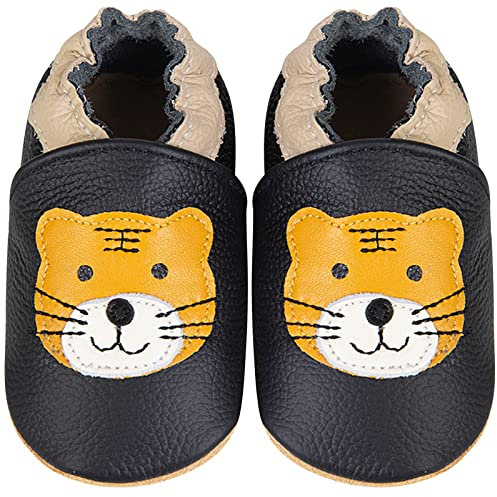 IceUnicorn Krabbelschuhe Baby Jungen Mädchen Lauflernschuhe Baby Weicher Leder Babyhausschuhe Kleinkind Babyschuhe(Tiger Schwarz, 18-24 Monate)