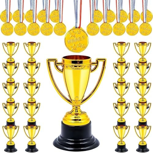 40 PCS Mini Trophies Gold Medals Set Includes 20 PCS Gold Plastic Trophy Cups and 20 PCS Winner Medals, for School Sports Competition Soccer Winning Prizes Rewards Party Favors Prop
