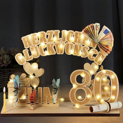 80. Geburtstag Geldgeschenke, 80 Geburtstag Mann und Frau Holz mit LED Lichterkette, Geschenke zum 80 Geburtstag Frau Mann, 80. Geburtstag Dekoration Gästebuch, DIY Geschenkideen für Familie Freunde
