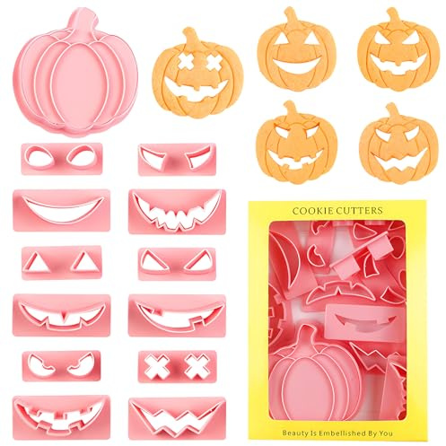 GreenYeah Halloween Ausstechformen Set, 13PCS Halloween Cookie Cutters, Kürbis Keksausstecher, Pumpkin Cookie Cutter, 3D Keksausstecher, Drückbar, Fondant-Ausstechformen