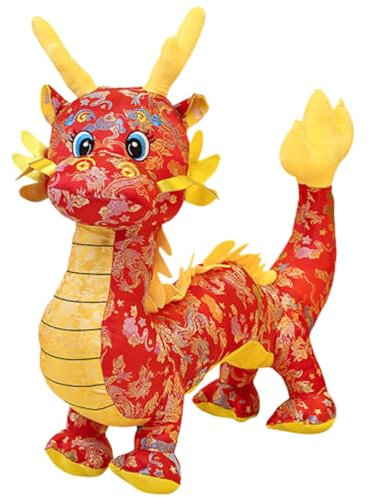 Cndiyald Dragon Chinois Peluche 8,3 Pouces Traditionnelles brodées PP Coton Dragon en Peluche avec Corde Suspendue Mignon décoration de Nouvel an Chinois Festive Rouge, Dragon en Peluche