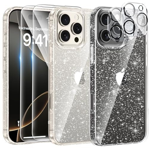 AROYI 5 in 1 Clear Glitter Case Compatible with iPhone 16 Pro Max Case with 2 Screen Protector and 2 Camera Lens Protector, Soft Bumper Sparkle Bling Women Girls Phone Case for iPhone 16 Pro Max 6.9
