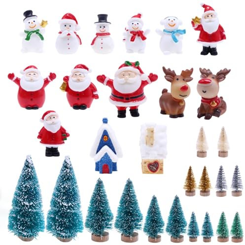 Bhina 30 Stücke Weihnachten Miniatur-Ornament-Set, Mini Weihnachten Kleine Figuren, Weihnachtsbaum Schneemann Weihnachtsmann Rentier Figuren Ornamente für Home Garden Party Decor Desktop Dekoration