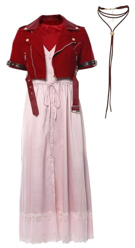 cultofmoon Aerith - Vestito cosplay con giacca FF7 cosplay aerith, vestito rosso giacca rosa vestito collana in pelle set anime cosplay Halloween costume carnevale