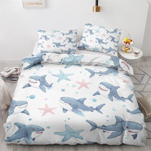 Generisch Hai Deko - Hai Bettwäsche 140x200 Winter, Jungen Cartoon Meerestiere Bettbezug 2er Set mit 1 Kissenbezug 70x90, Weiche Mikrofaser Winterbettwäsche mit Reißverschluss P&183