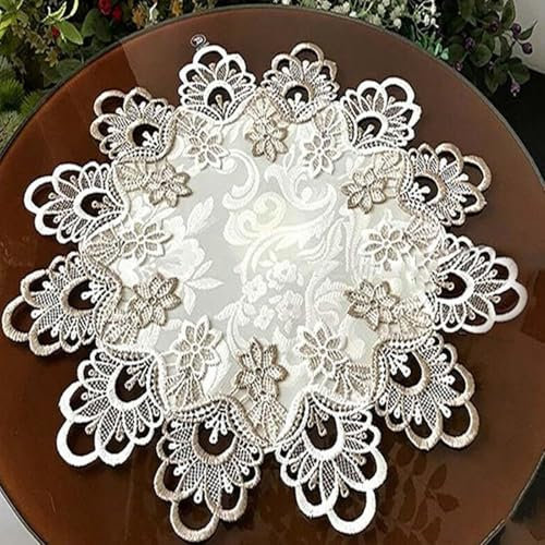 WAZUBC Runde Spitzen Tischdecke, Vintage Blumenstickerei Bestickte Spitze Blumen Tischset Tischdecke für Esstisch, Couchtisch, Büchertisch, Aufbewahrungstisch (40cm)
