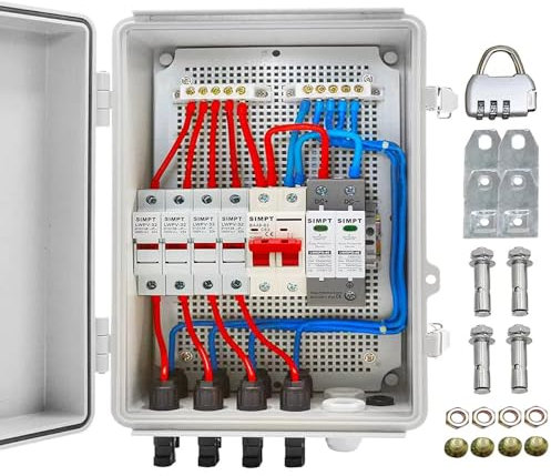 GTYORUS 4-String-Solar PV-Combiner-Box mit 63 A Leistungsschalter-LED,15-A-Nennstrom-Sicherung mit Überspannungsableiter,Wasserdichter Solaranschluss für On/Off-Grid-Solarpanel System