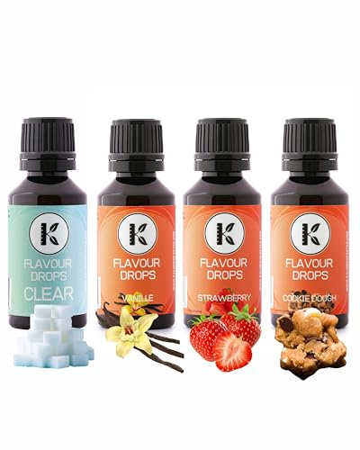 Flavour Drops Kalorienfakten, Set 4x30ml, Flavour frei wählbar. Ohne Kalorien, Geschmackstropfen für Speisen & Getränke. (4x 30ml, Clear, Vanille, Strawberry, Cookie Dough)