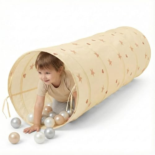 SELONIS Pop-Up Tunnel Für Kinder Mit 200 Bälle Faltbarer Spieltunnel Flexibel Krabbeltunnel, Hellbeige: Pastellbeige/Weiß/Perle