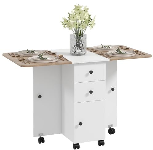 HOMCOM Folding Dining Table for 4-6, Rolling Drop Leaf Table on Wheels with Storage Drawers, Cabinet and Open Shelf for Kitchen, Dining Room, Oak and White
