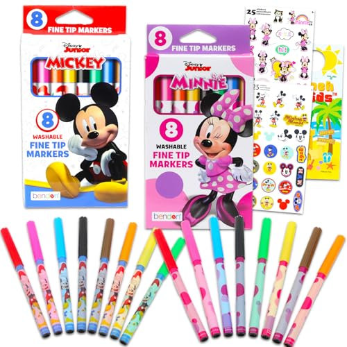Disney Micky und Minnie-Maus-Malset – 16-teiliges Disney Zeichenzubehör mit 8 Minnie-Markern mit feiner Spitze und 8 Mickey-Markern mit feiner Spitze plus Aufklebern | Disney Kunstbedarf für Kinder