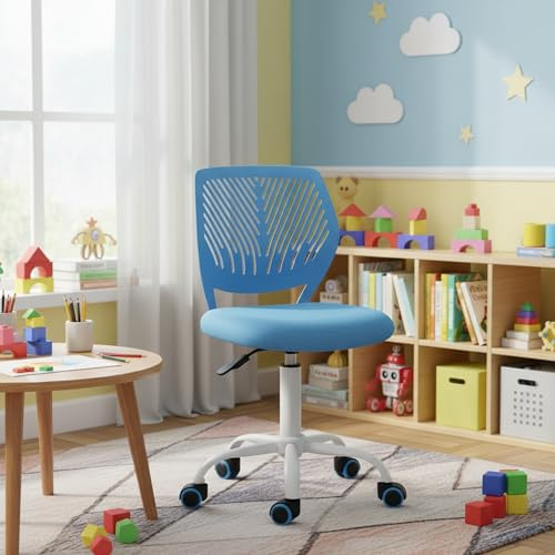 FurnitureR Kinder Schreibtischstuhl, Verstellbarer Höhendrehstuhl mit kleinem Loch Rückenlehne Design, passend für Kinderzimmer oder Arbeitszimmer, blau