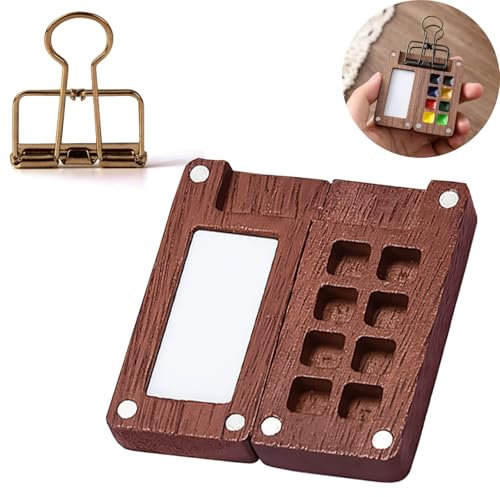 PLUSHCEWT Portable Travel Paint Palette, Mini Palette with Magnetic Lid and Clip for Watercolor Painting Gouache and Acrylic Painting, Gift for Artists Painters and Sketchbook Enthusiasts (Wooden)