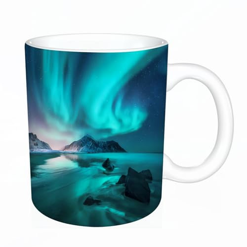 YFHJV Tazza in ceramica originale,11 once di tazze 330 ml,Aurora. Aurora boreale nelle isole Lofoten in Norvegia. Cielo con stelle,tazza divertente - decora la tua tazza