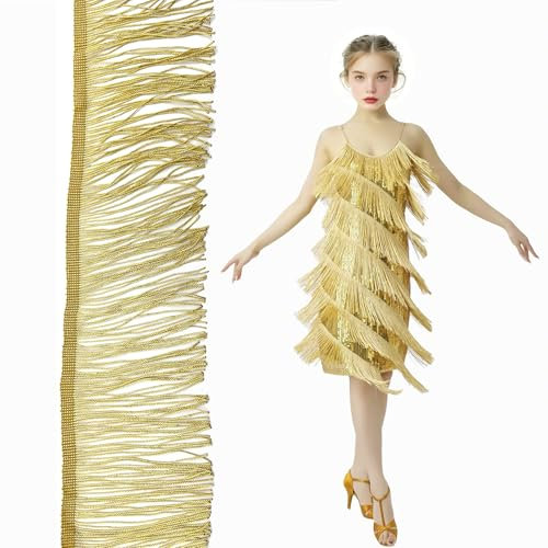 OHYER 5 Meter lang (x 10cm Durchmesser) Fransenborte Tanzfransen Schnittfranse Fransenband Dekoband Seide Quaste Fransen-Borten Bänder zum Nähen Quaste Trim Band FüR Heimwerker Dekoration (Hellgold)