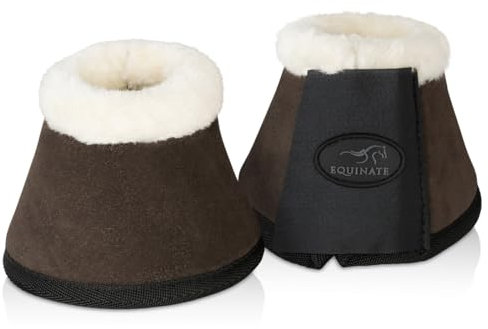 Equinate Hufglocken Sunville mit Wildleder überzogen und synthetischem Lammfell M Braun - Robuste und stoßdämpfende Springglocken - Hufschutz für Training und Turniere - 2er Set