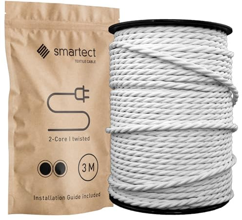 smartect Braided Cable twisted, White, 3 Metres 2 Core Electrical Cable (2 x 0.75mm²) Vintage Fabric Electrical Wire for your DIY project