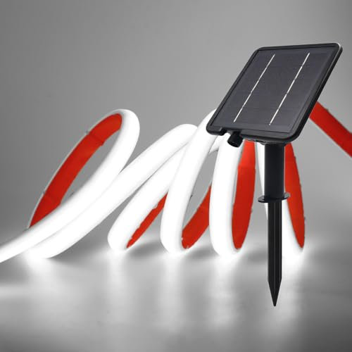 XUNATA Lumière au néon LED Solaire, Bande LED COB IP65 Etanche Néon Extérieur, 8 modes, 320 LEDS/M Flexible Bande lumière pour Clôture, Jardin & Cour (Blanc, 3M)