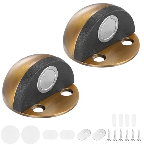 M METERXITY 2-Pack Floor Mounted Door Stops Stainless Steel, Yellow Bronze | Magnetic Gate Stopper, Half Dome, with Plastic Rubber Bumper, No Drilling Doorstop, for Living Room, Bedroom, Bathroom