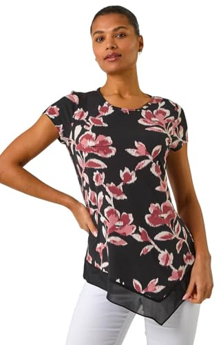 Roman Originals Chiffon Hem Top for Women UK - Ladies Asymmetric Hemline Stretchy Blouse Summer Spring Evening Vacation Work Holiday Short & Long Sleeve Smart Casual - Abstract Pink Noir - Size 12