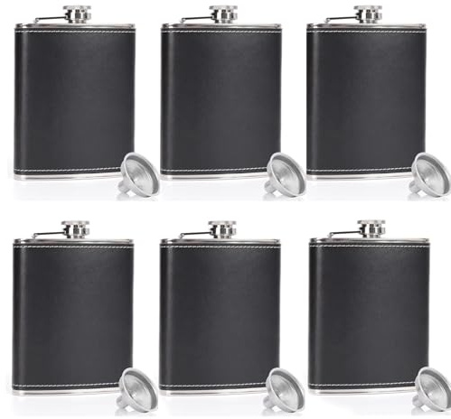 LHD HOME Hip Flasks for Men Women 6 pcs 8Oz Leather Flask Stainless Steel Flask with 6 pcs Funnels for Whiskey Rum Groomsman Best Man Usher Wedding Camping Birthdays