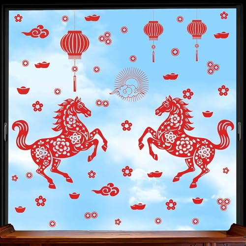 ANHUIB Fensteraufkleber Chinesische Neujahrsfest Chinesischer Neujahr Fensterdeko Neujahrsfest des Pferdes Wandaufkleber 2026 Frühlingsfest Rot Blumen Fensterbilder Schaufenster Vitrinen Glas Tür Deko