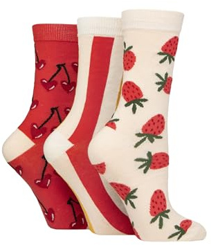 SockShop Wildfeet Ladies Cotton Novelty Patterned Socks Pack of 3 (UK, Numeric, 4, 8, Regular, Regular, Fruit Strawberries/Cherries)