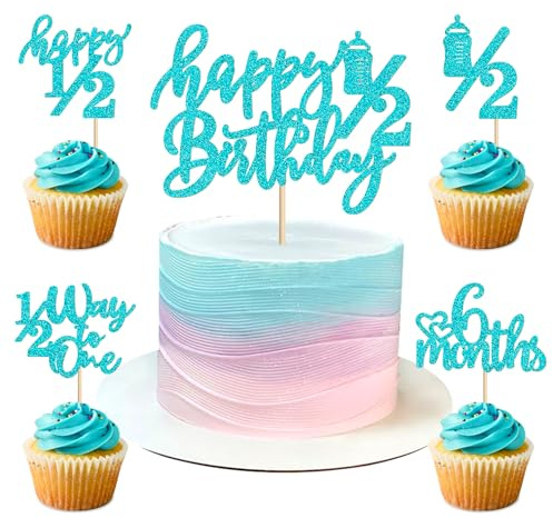25Stk Blau 6Monate Halbjährig Kuchen Deko Happy 1/2 Birthday Cake Topper Halbjahr Geburtstag Party Dekoration für Mädchen Junge Baby Dusche & Jubiläum