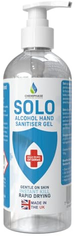 Solo Alcohol Hand Sanitiser Gel, 70% Alcohol Hand Sanitizer with Pump Bottle, 250ml, EN1276 & EN1500 Certified - Made in the UK