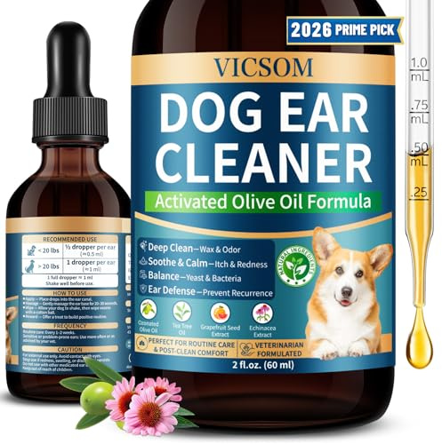 VICSOM Dog Ear Cleaner & Dog Ear Drops for Wax and Odour Care, 60 ml | Ozonated Olive Oil, Echinacea, Tea Tree And Grapefruit Seed Extract Help Loosen Wax, Reduce Odour And Soothe Itchy Ears.